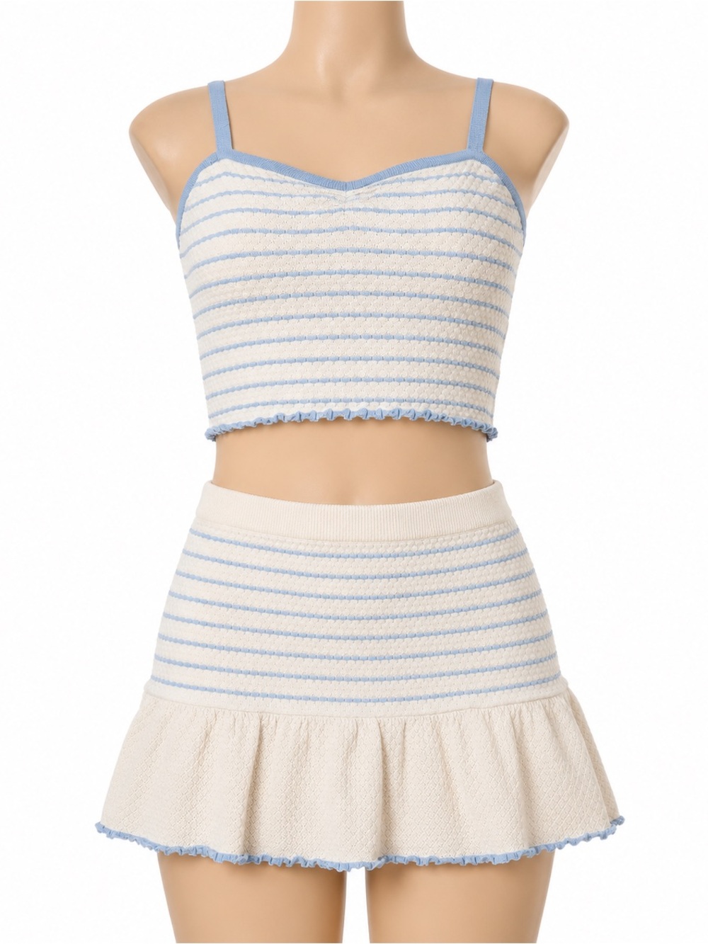 Freshman 1996 Women’s 2 Pc Knit Skirt Set Blue Ivory Striped Size L Cottage